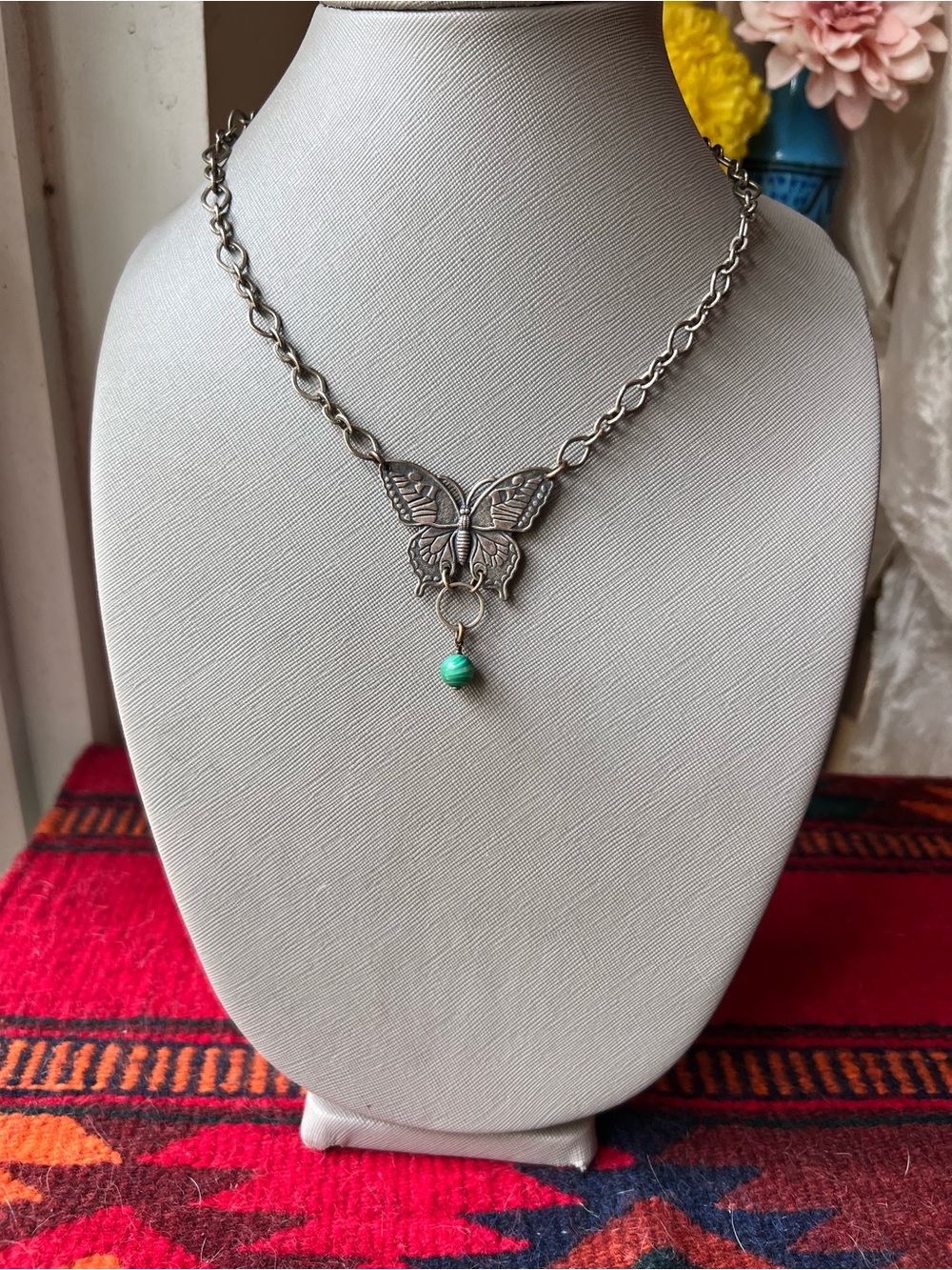 Whimsy goth Silver Butterfly Necklace with Green Stone Accent